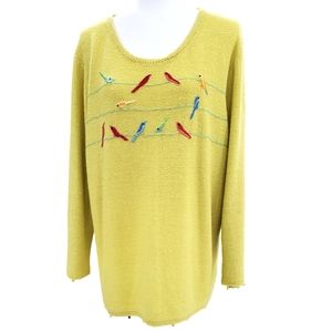 Susan Bristol Yellow Sweater with Colorful Bird Design